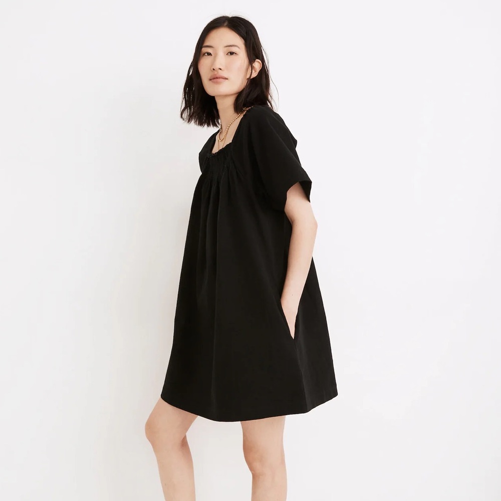Madewell Smocked-Neck Wide-Sleeve Mini Dress Black